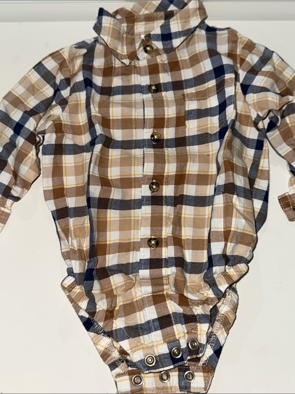 Plaid Button-Front Baby One-Piece Shirt in Brown, Navy & Cream